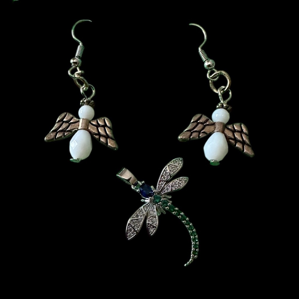 Elegant Angel Earrings with Dragonfly Pendant Faux Stones Silver Toned